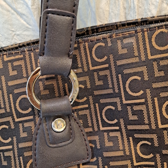 Liz Claiborne Vintage Cotton Canvas Fabric Tan Brown Monogram Shoulder Satchel - Picture 15 of 15